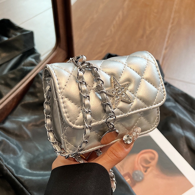 2024夏天新品迷你包菱格设计感小众链条包百搭银色斜挎口红小包包