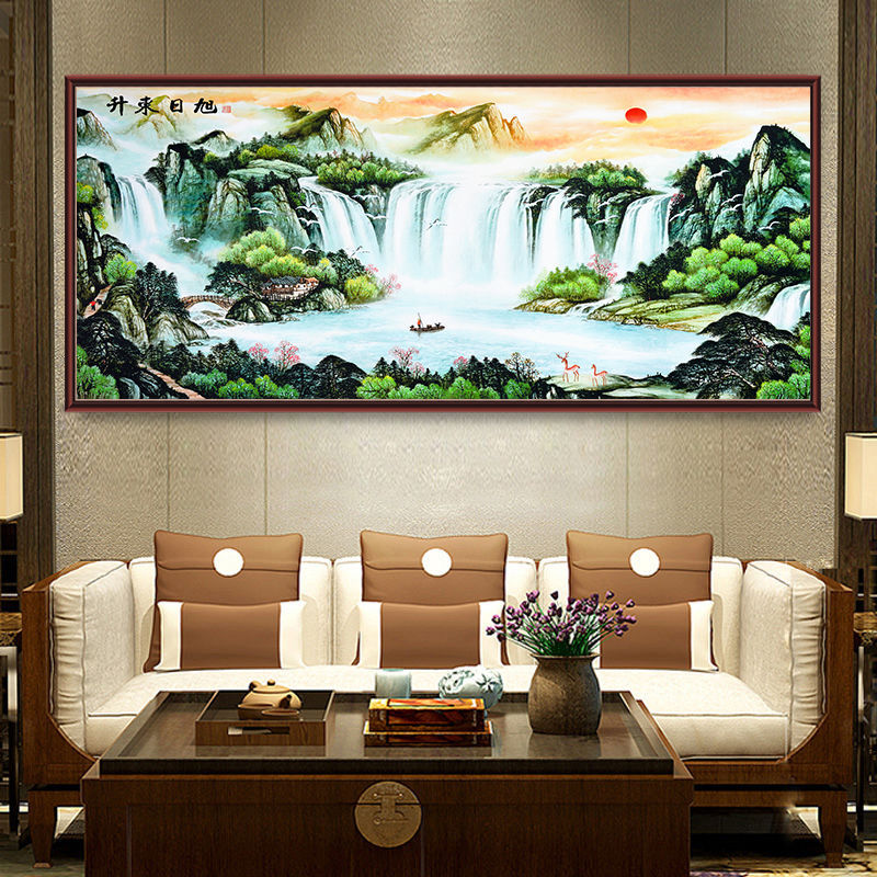 旭日山水画风水靠山客厅背景装饰自粘画招财办公室墙贴画墙纸