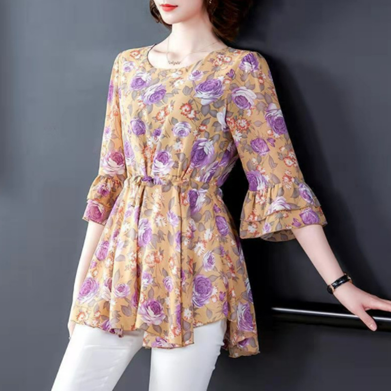 2023 Summer Middle-Aged and Elderly Women's Dress Floral Women's T-shirt Fashionable Loose Mid-Length Ice Silk Top