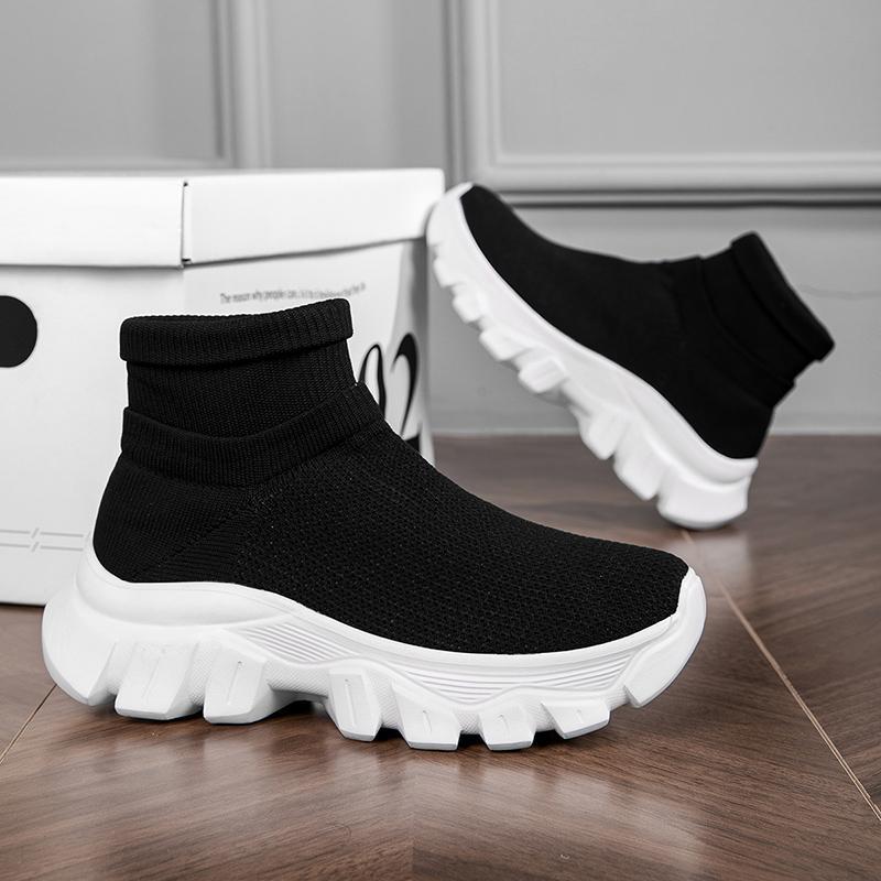 2025春季飞织短靴厚底轻便弹力袜子鞋情侣高帮网布运动休闲鞋女靴
