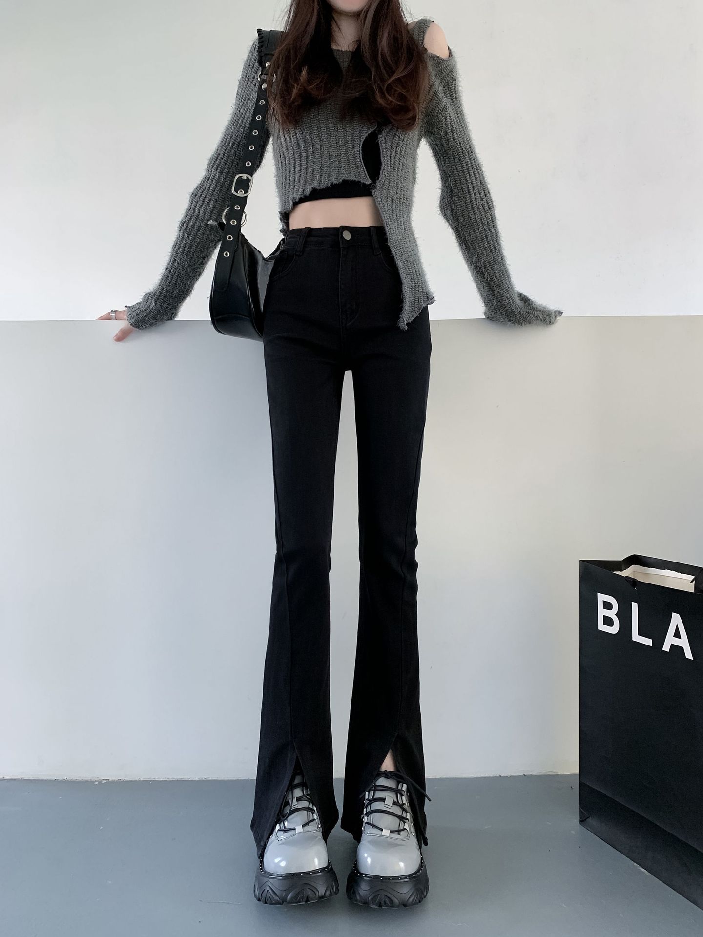 Micro-Pull Split Jeans for Women 2023 Autumn and Winter New High Waist Slim Slimming Small Flared Horseshoe Pants