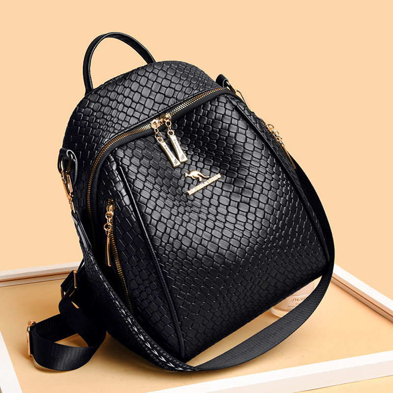 袋鼠真皮质感双肩背包女2023新款软皮背包时尚大容量编织旅行书包