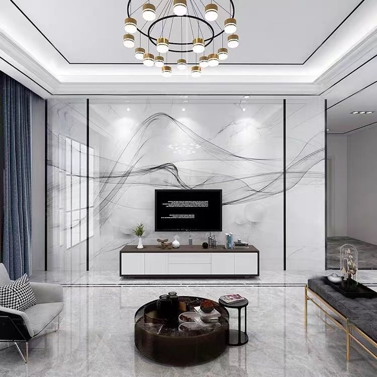新款微晶石电视背景墙瓷砖岩板大理石新中式石材大板山水画