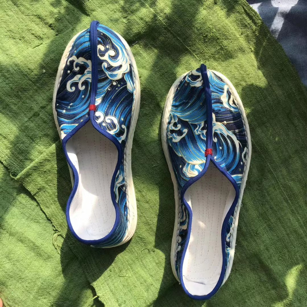 男士海浪—工千层底绣花布鞋老北京一脚蹬开车养生透气棉布布鞋