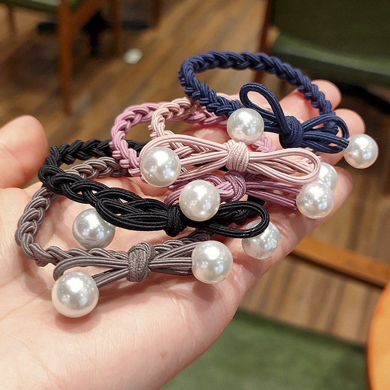 热销韩版时尚新款珍珠麻花打结皮筋高弹力蝴蝶结头绳发圈批发