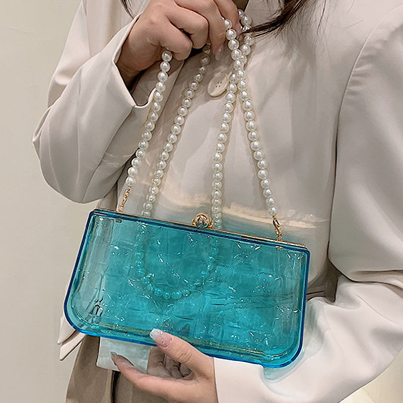 Women's Bag Wholesale Candy Color Acrylic Transparent Design Crossbody Box Bag Girl Chain Pearl Hand Dinner Bag