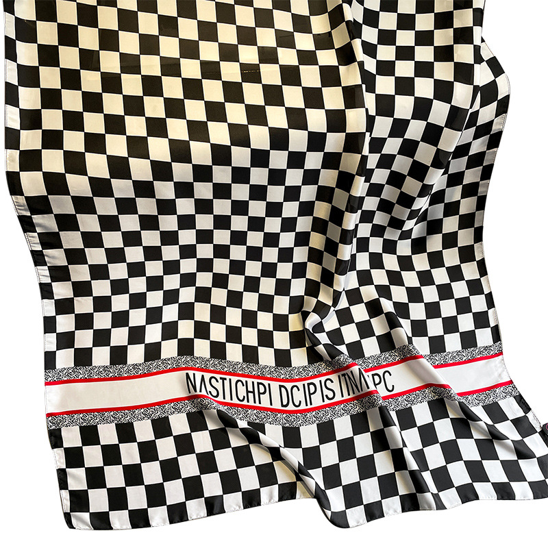 Korean Style Black and White Plaid Chessboard Plaid Letter Stripes Artificial Silk Outer Shawl Travel Outdoor Sun Protection Lengthened Fashion Women