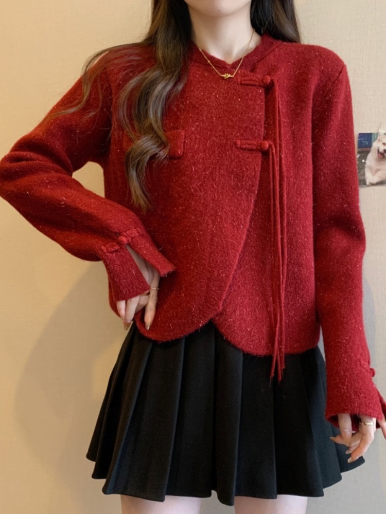 大码秋冬季新款气质高级感毛衣开衫外套女胖妹妹新年红色针织上衣