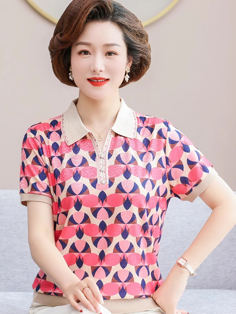妈妈款夏装有带翻领t恤 中年女冰丝上衣服50岁60中老年人短袖套装