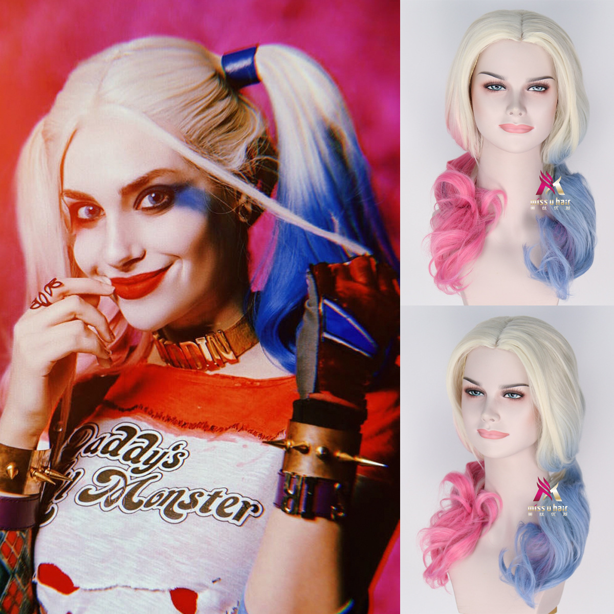 美丝优发自杀小队哈莉奎茵小丑女x特遣队染色万圣节cos假发批发