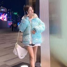 亮片重工羽绒棉服女2023冬新款宽洋气年轻短款炫彩棉衣小个子外套