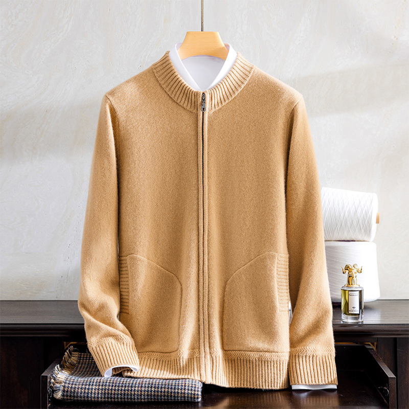 男士双股加厚羊绒衫外套纯色长袖带兜开衫半高领上衣针织衫-阿里巴巴