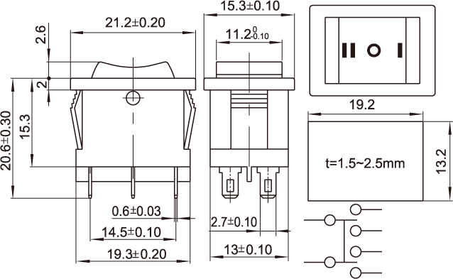 中讯船型开关kcd1-203 三档六脚黑红二色 电源翘板开关