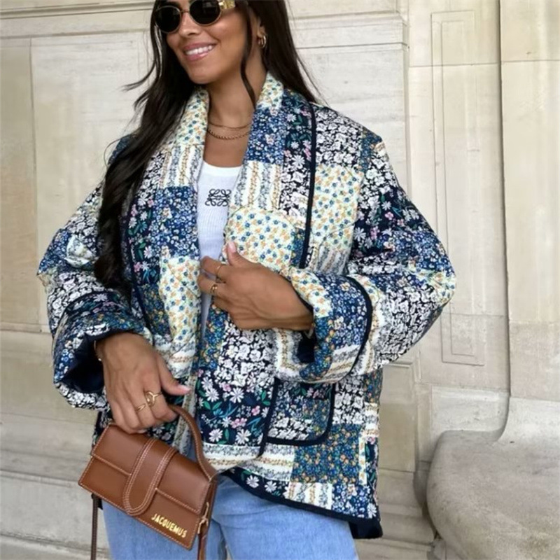 跨境女装欧美ins风2023秋冬款印花棉衣无扣外套拼色高级感棉服女