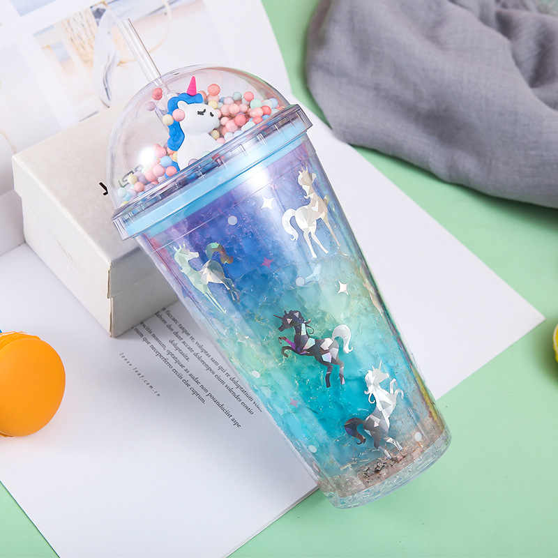 Micro Landscape Sliding Cover Colorful Cartoon Plastic Cup Outdoor Pony Water Cup with Straw Student Cute Summer Ice Glass