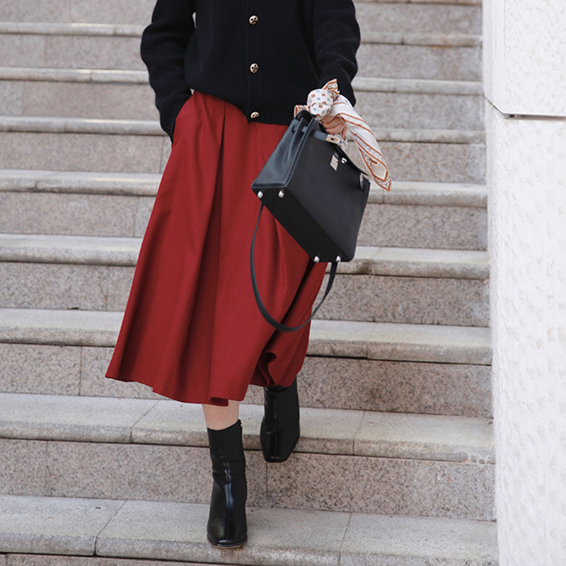 酒红色毛呢半身裙秋冬女优雅高级感洋气小众a字裙显瘦中长呢子裙