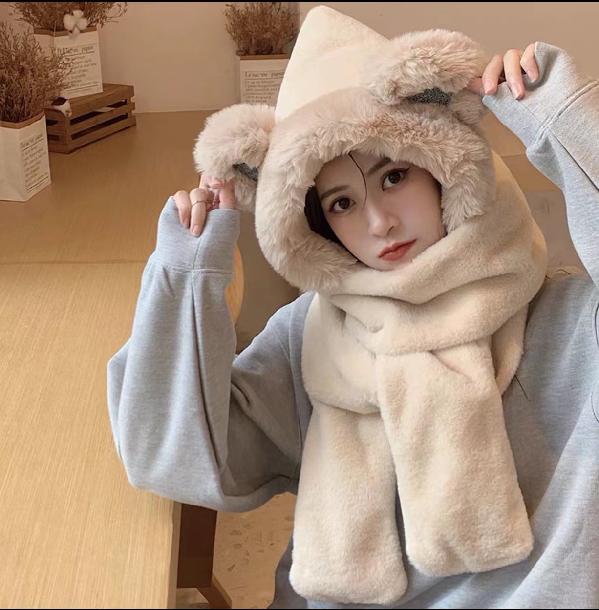 Bear Hat Korean Style Cute Women's All-Match Autumn and Winter Scarf All-in-One Warm Keeping Gloves Scarf Three-Piece Suit Fashion