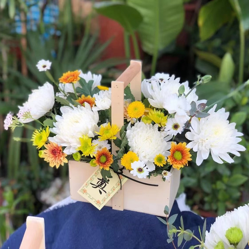清明花篮长方形木片手提菊花篮祭祖扫墓插花提篮祭奠小花篮