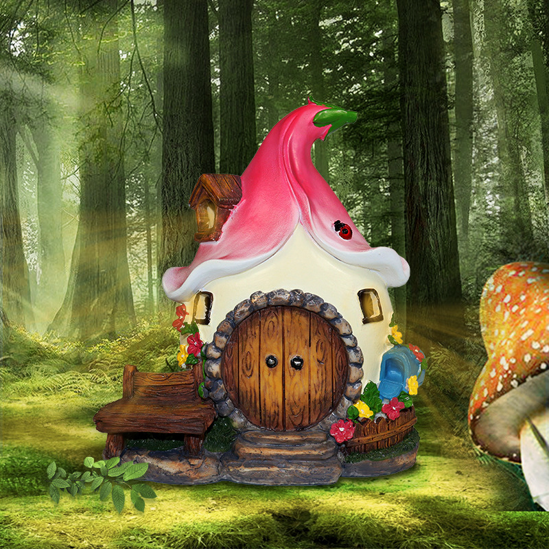 跨境新品创意花园精灵太阳能小屋摆件太阳能草坪灯树脂工艺品摆件