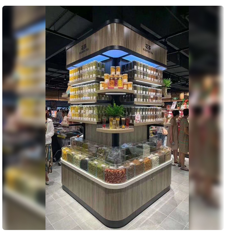 圆柱包柱弧形书架超市大卖场木质烤漆食品饮料展柜零食陈列架货架