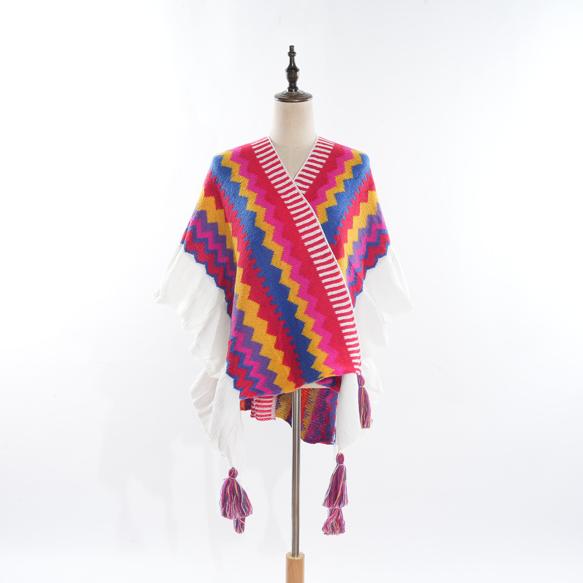 2023 Autumn and Winter New Bohemian Ethnic Style Rainbow Striped Outer Shawl Fashionable Stringy Selvedge Women's Cloak