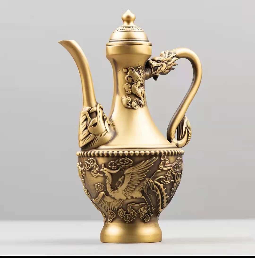 黄铜浮雕高脚龙凤壶八仙酒壶仿古酒壶水壶双龙把把壶摆件古玩收藏