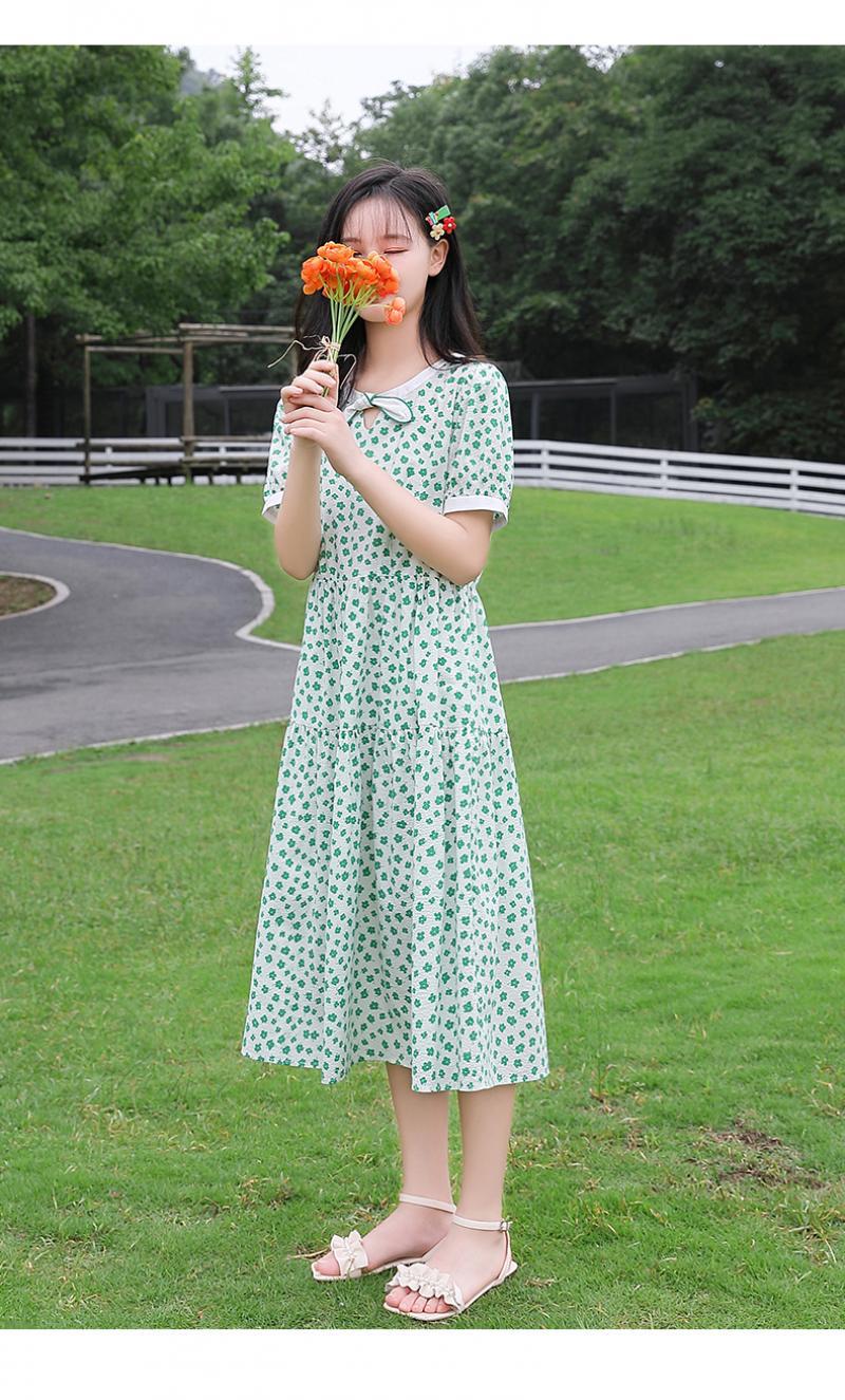 高中生连衣裙初中学生夏装新款大童少女韩版绿色碎花裙子2109141