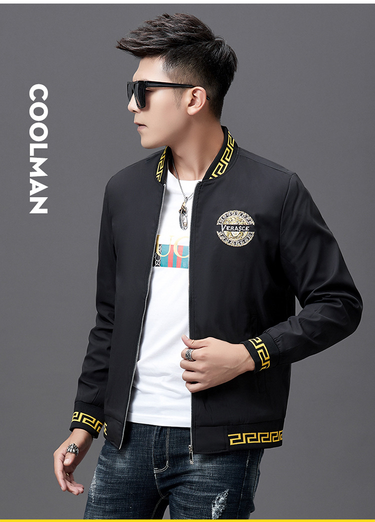 春秋白色外套休闲夹克男美人头刺绣欧洲站棒球领潮牌靓仔男装