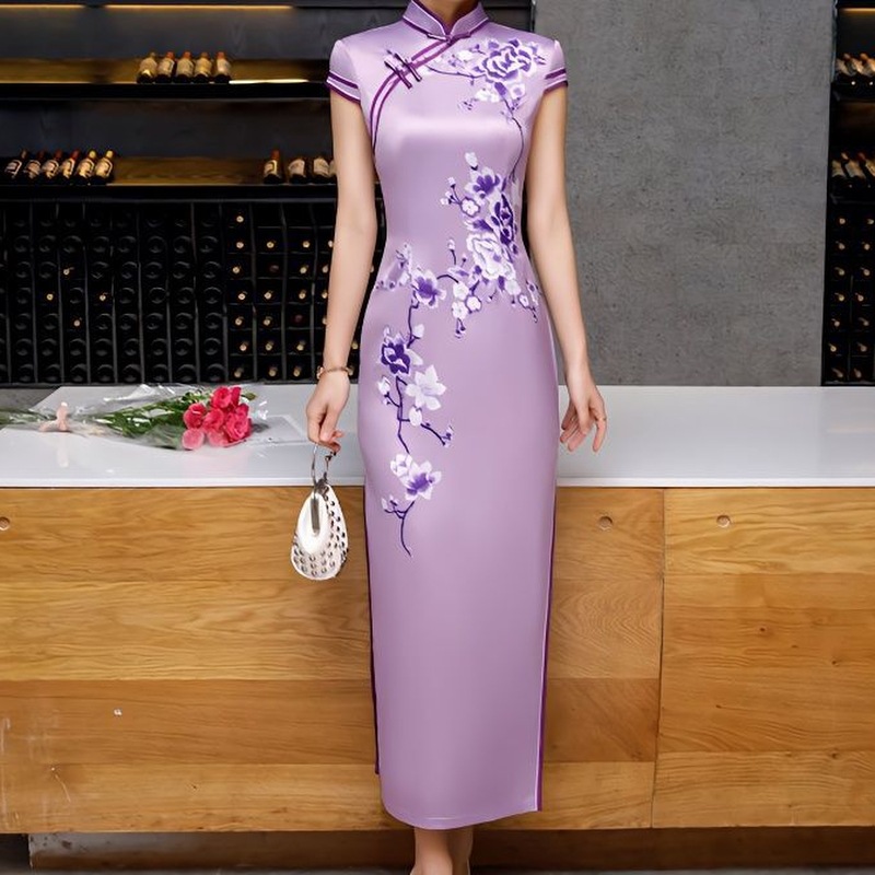 旗袍长款高品质夏季双层复古日常演出丝绸改良版连衣裙-阿里巴巴