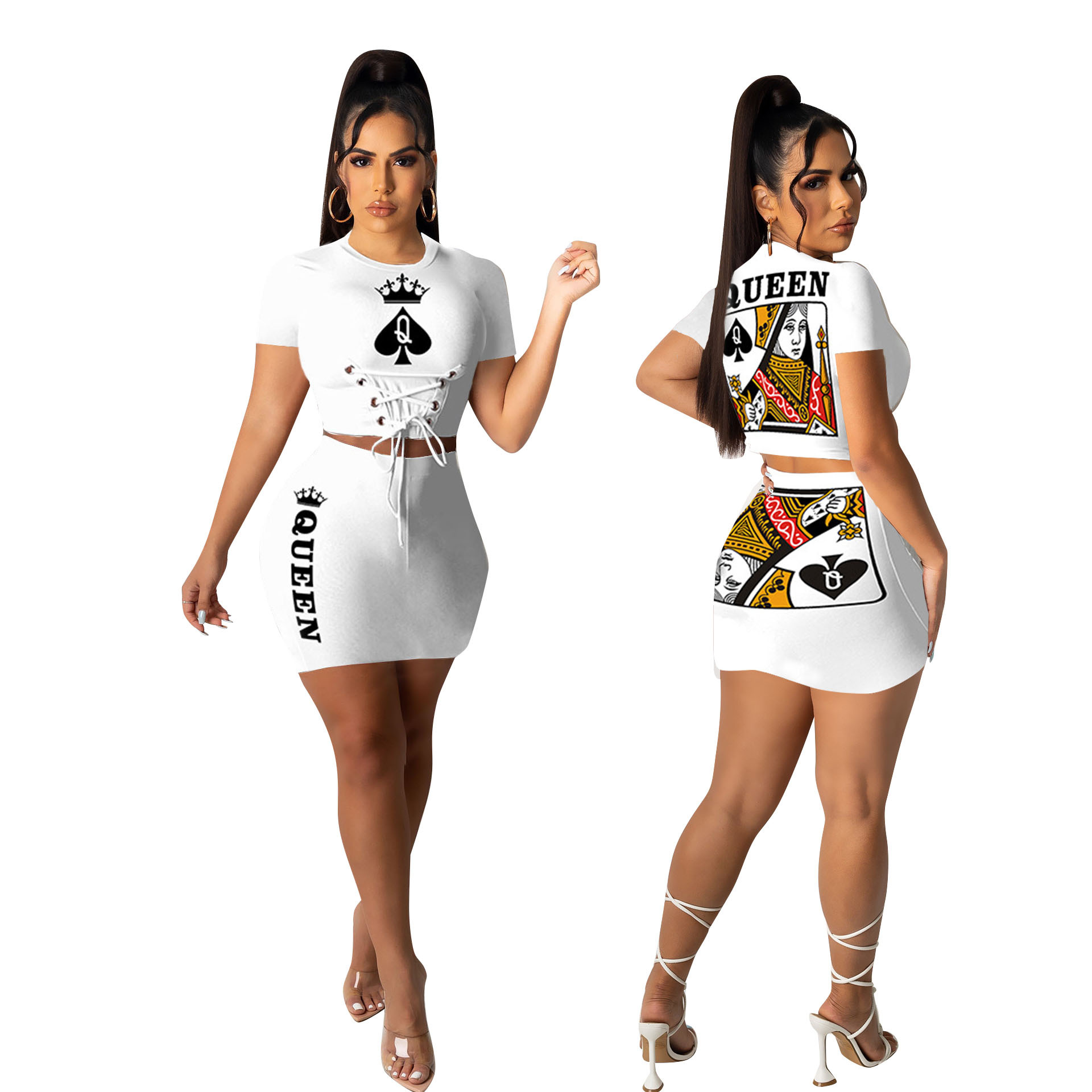 gh 024 亚马逊独立站欧美时尚女装 黑桃q扑克牌两件套queen裙套装