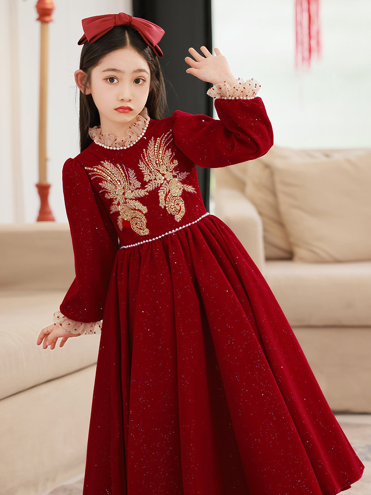 红色礼服女童高端公主裙冬季儿童主持人花童婚礼小女孩钢琴演出服