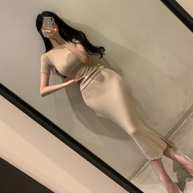 春夏新款韩国东大门圆领显瘦性感短袖女t两件套套装长裙连衣裙秋