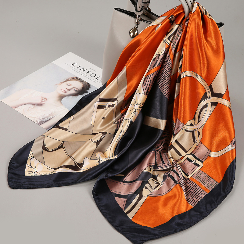 Spring and Autumn Korean Small Silk Scarf Women's All-Match 90 × 90cm Imitation Square Silk Large Kerchief Square Thin Scarf Scarf