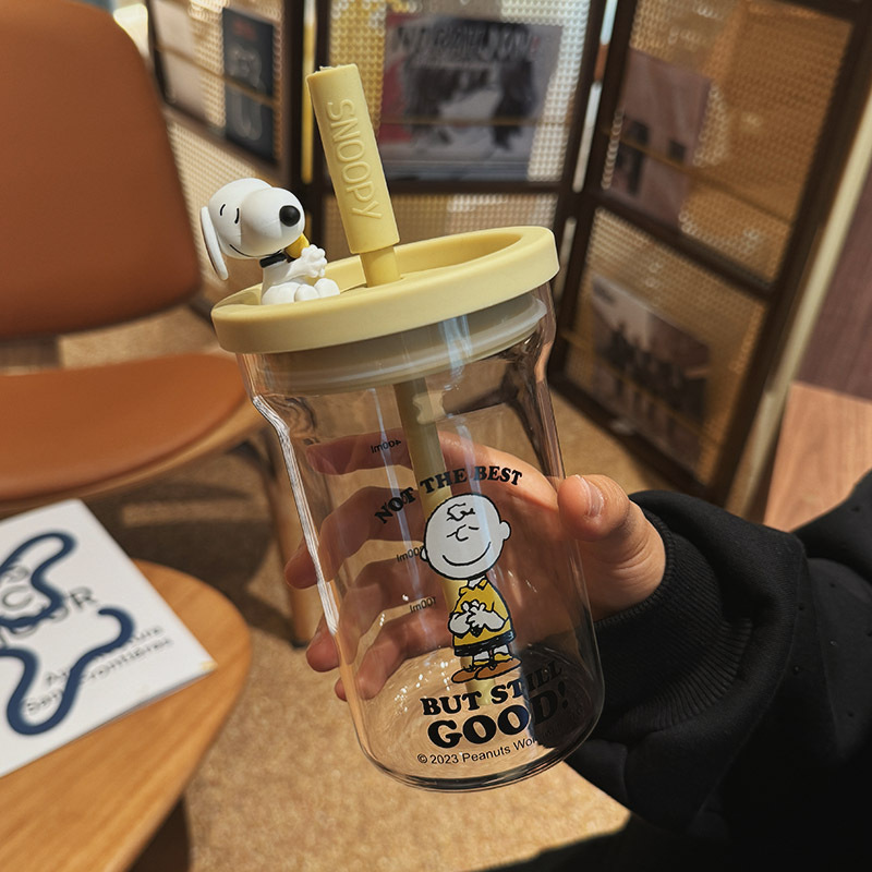 Snoopy High Borosilicate Glasses Girl Good-looking Cute Straw Cup Student Milk Scaled Cup Coffee Cup