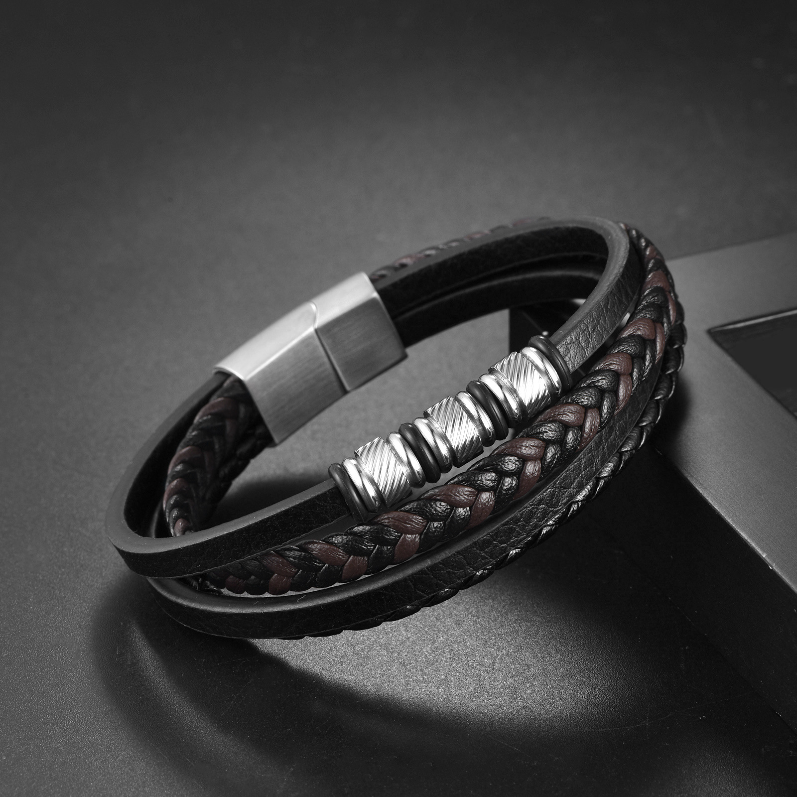 跨境多层手工编织皮绳手链 欧美男士原创设计皮革编织皮手链批发