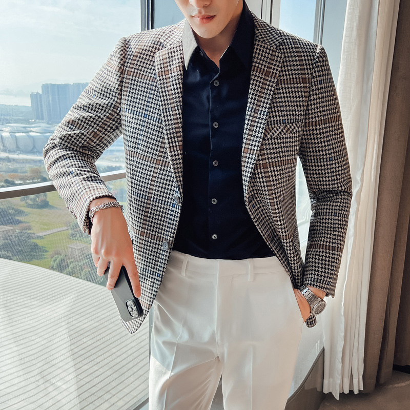 2022男秋冬复古千鸟格小西装英伦绅士休闲百搭西服