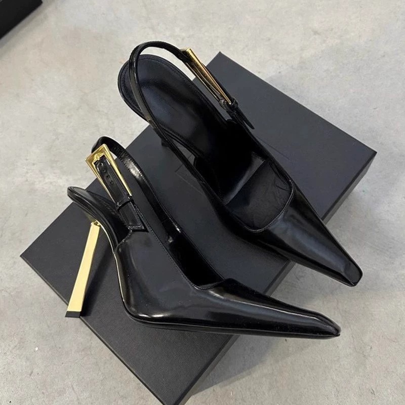 小金条金属细高跟鞋女2024早春新款黑色漆皮单鞋性感后空包头凉鞋