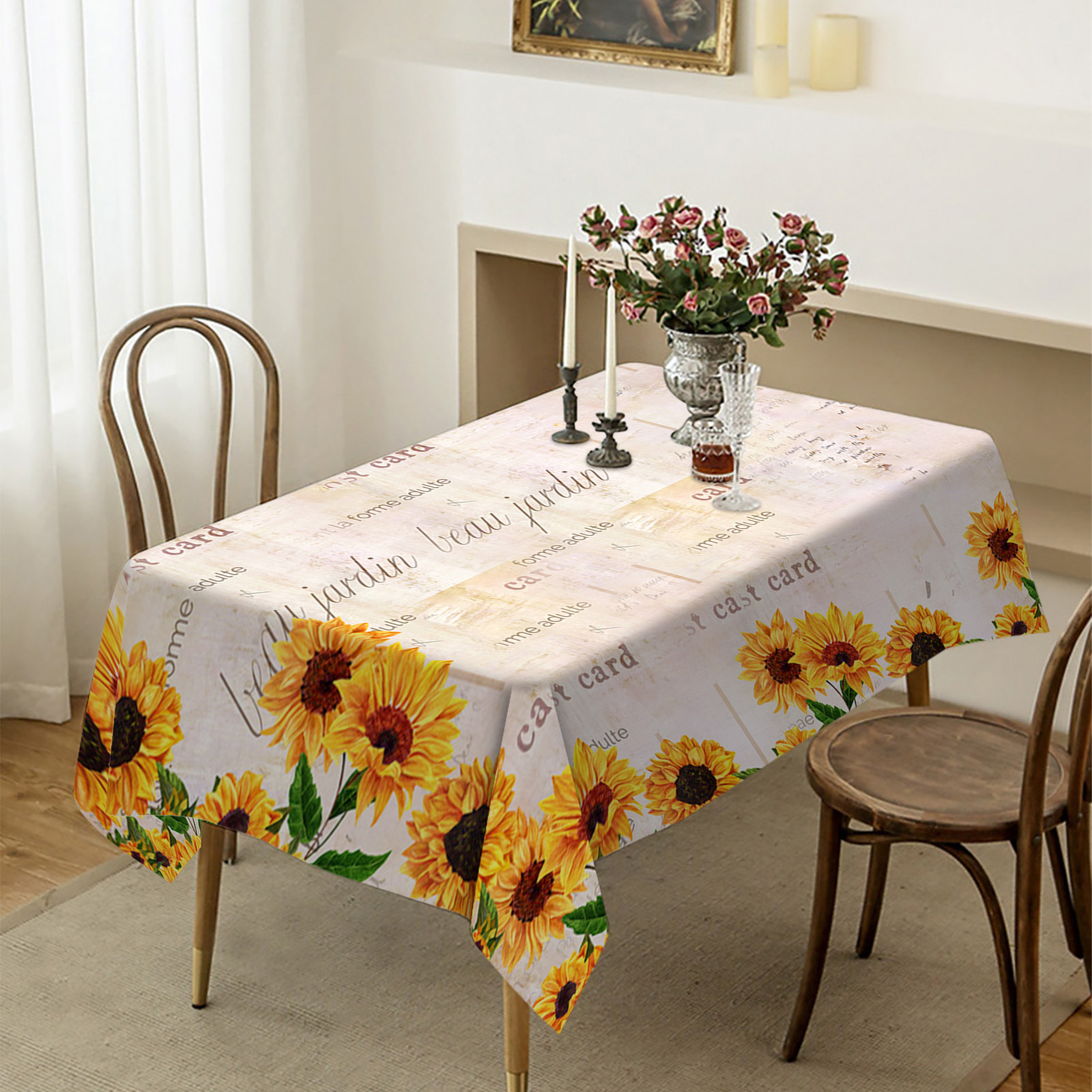 亚马逊热卖桌布 美式ins风向日葵餐桌垫棉麻防水装饰茶几布桌巾