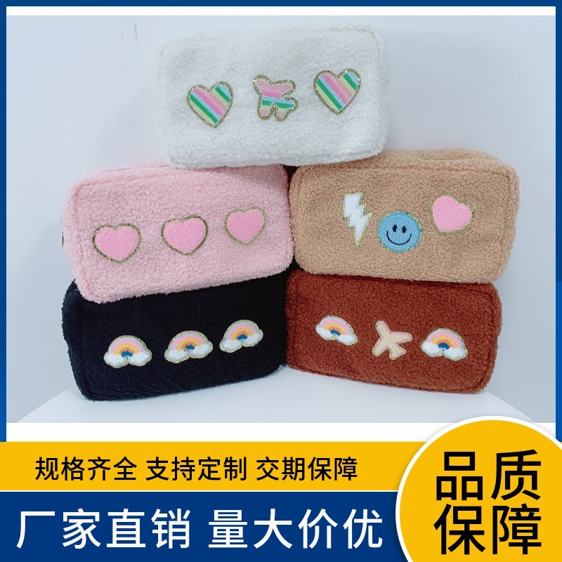 Hot Sale in Europe and America Teddy Plush Embroidery Lettered Make-up Bag Portable Warm Large Capacity Wash Bag Travel Storage Bag