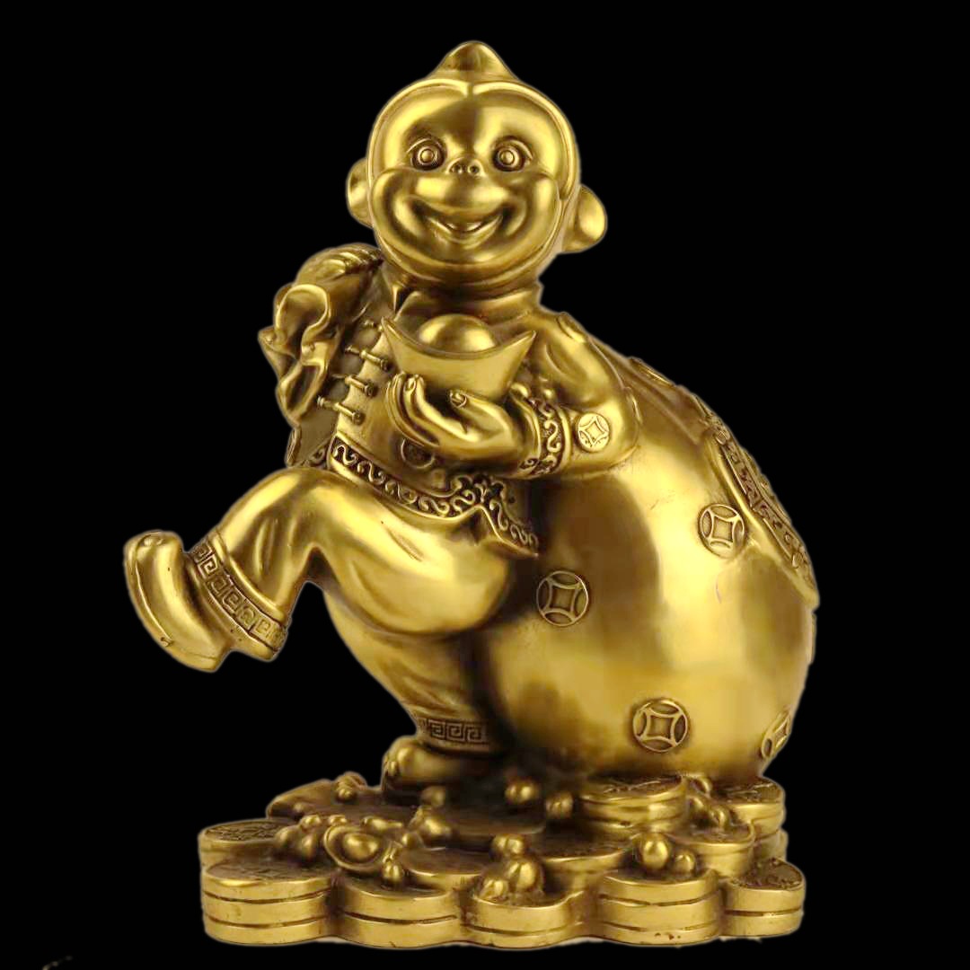 纯铜金猴纳福猴子拉福袋聚财摆件风水生肖铜猴子背钱袋工艺吉祥物