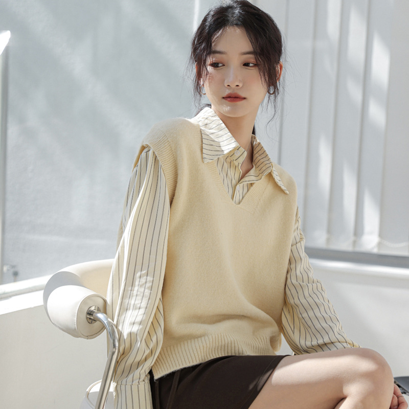 马甲衬衫两件套女春叠穿外搭时尚套头打底衫v领针织毛衣背心马夹