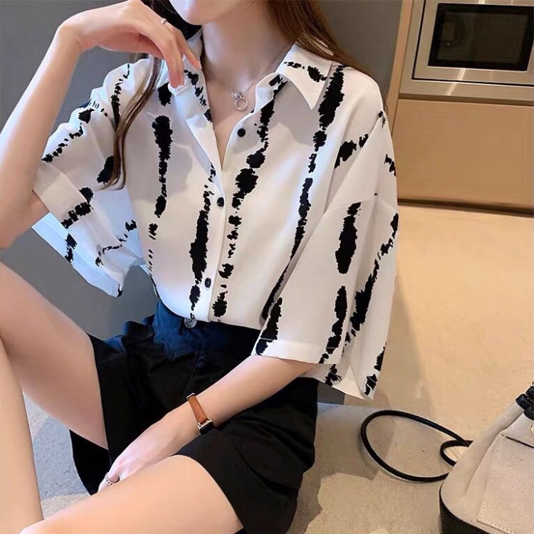 港风印花衬衫女新款设计感小众复古上衣慵懒雪纺短袖衬衣外套