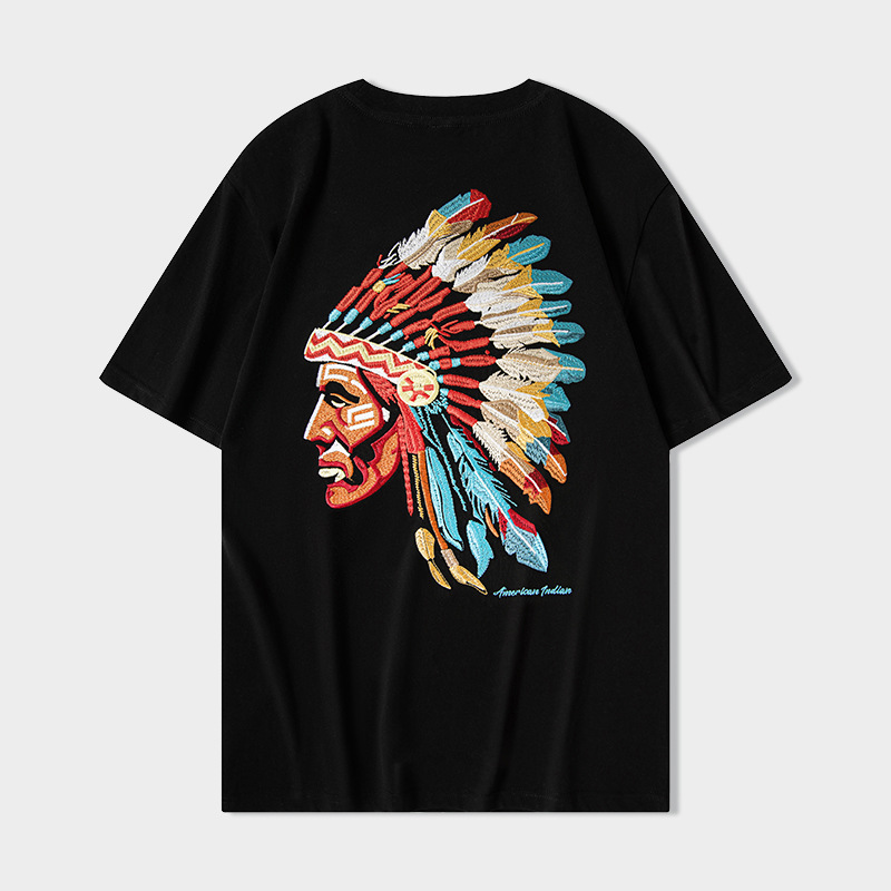 2024夏季短袖t恤男女同款印第安人刺绣重磅夜光国潮风圆领纯棉