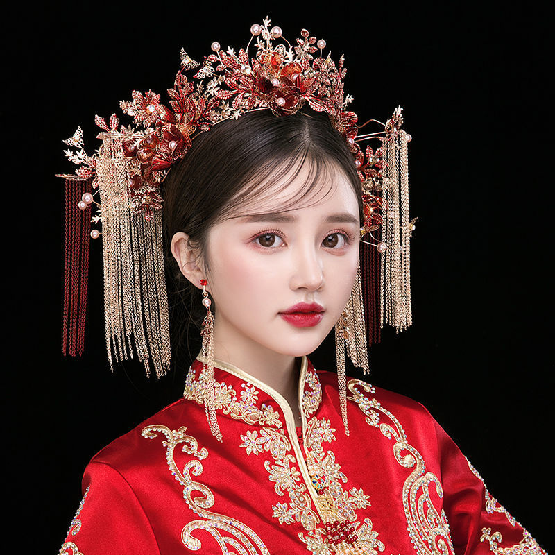 中式新娘秀禾服头饰大气古代皇后结婚发饰步摇流苏古装秀禾凤冠女