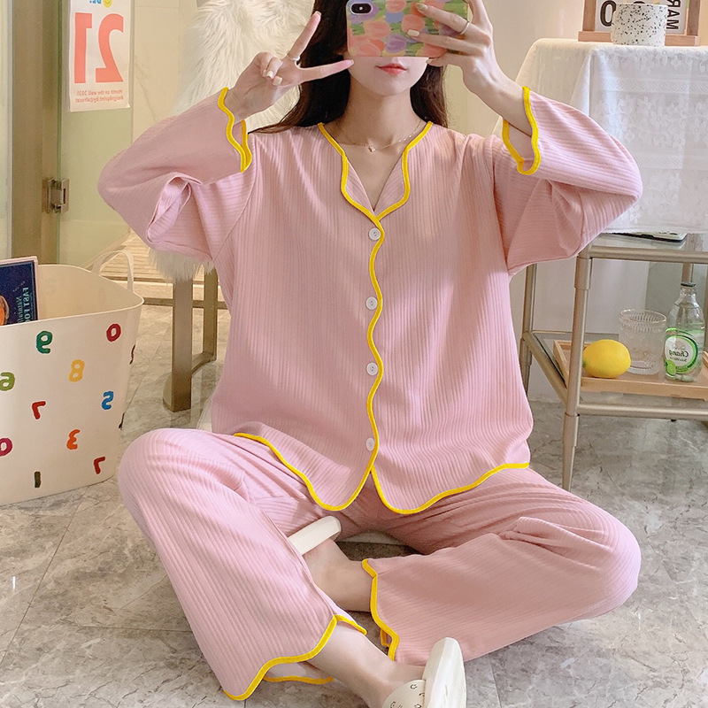 新款春秋季女士睡衣韩版长袖休闲棉质开衫甜美女士睡衣家居服套装