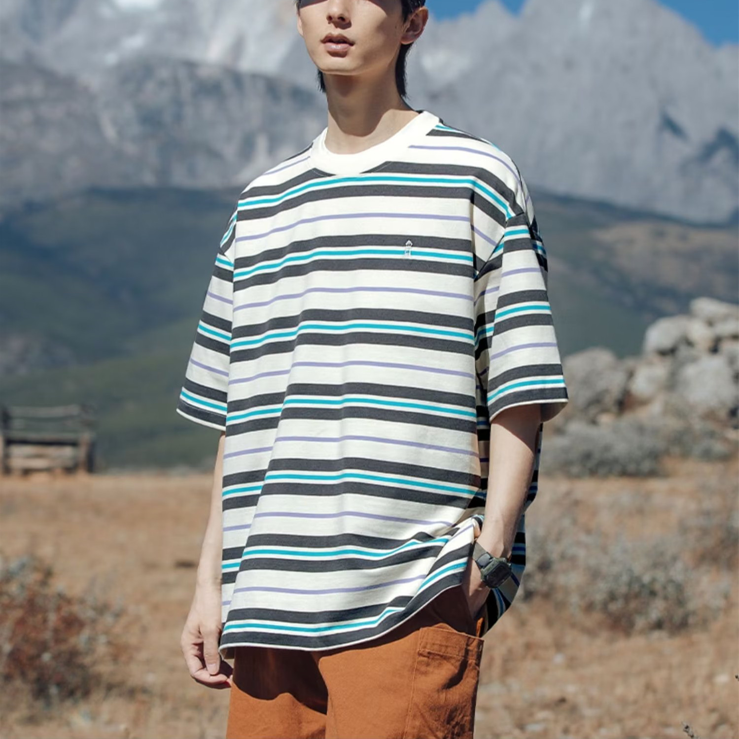 港风圆领条纹短袖t恤夏季韩版潮流宽松半袖衣服潮牌男生ins五分袖