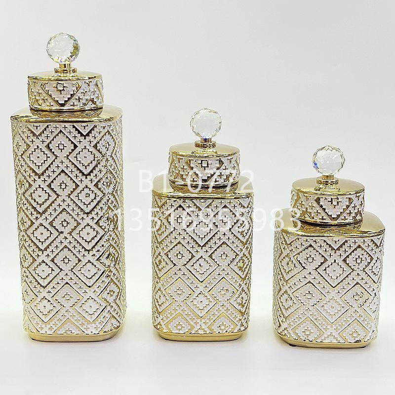 European-Style Gold-Plated Silver Ceramic Pot Plaid Vase Crystal Light Luxury Crafts Soft Decoration Ornaments Golden Castle Vase