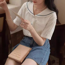 白色刺绣口袋短袖衬衫女夏2024新款法式复古v领上衣