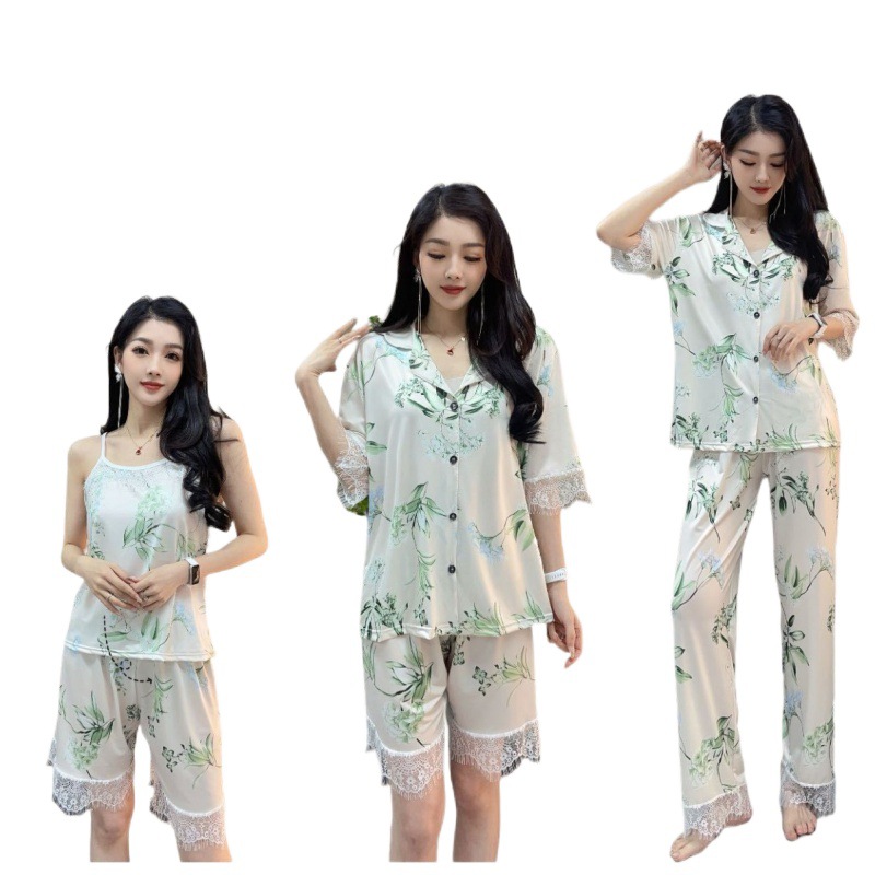 Bamboo Printed Four-Piece Pajamas Homewear Women's Spring and Summer Lace Edge Ice Silk Thin Loose Fashion Suit