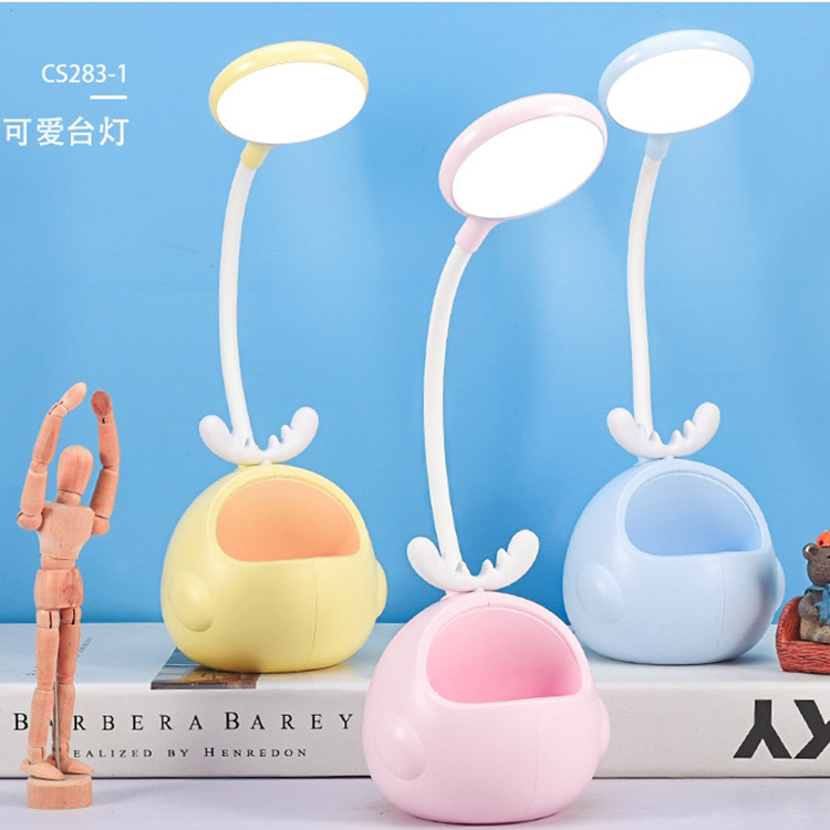 cute deer/adorable rabbit cartoon pen holder storage led desk lamp eye protection rechargeable student study desk bedroom dorm creative